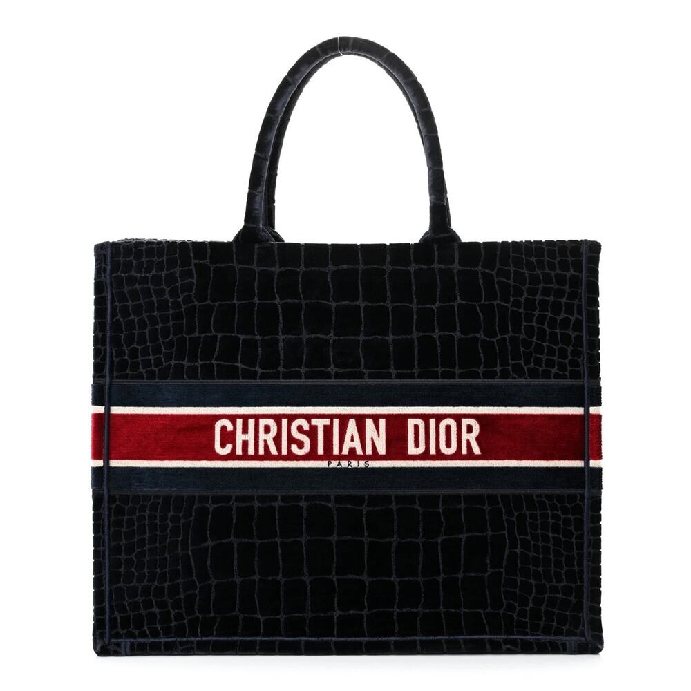 Christian Dior Large Book Tote Blue Croc Embossed Velvet Logo Tote Bag Authentic